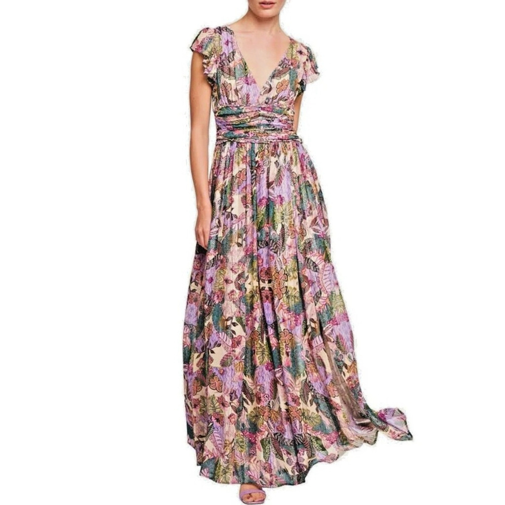 CIEBON Jennsen Ruched Flutter Sleeve Maxi Dress pockets luxu size XS